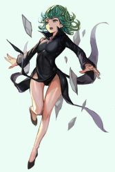 Rule 34 | 1girl, black dress, black footwear, breasts, curly hair, dress, flipped hair, green eyes, green hair, hungry clicker, leg up, long sleeves, one-punch man, open mouth, short hair, side slit, simple background, small breasts, solo, tatsumaki, telekinesis