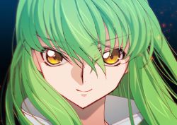 Rule 34 | 1girl, c.c., closed mouth, code geass, creayus, green hair, hair between eyes, looking at viewer, m&amp;m (mickey and mackey), portrait, smile, solo, yellow eyes
