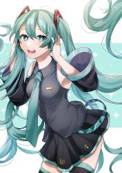 Rule 34 | 1girl, absurdres, ahoge, bare shoulders, black skirt, black thighhighs, blush, commentary, detached sleeves, eyeshadow, fingernails, frills, green eyes, green hair, green nails, green necktie, green theme, hair between eyes, hatsune miku, headphones, highres, hoshino mokuzu, light blush, long hair, makeup, nail polish, necktie, neckwear request, open mouth, skindentation, skirt, solo, teeth, thighhighs, tongue, twintails, very long hair, vocaloid, wide sleeves