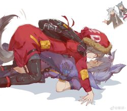 Rule 34 | 4girls, all fours, animal ears, arknights, blue hair, chun qiu, closed mouth, commentary request, english text, eye contact, finger gun, grey hair, highres, lappland (arknights), looking at another, lying, multiple girls, on back, parted lips, projekt red (arknights), provence (arknights), purple hair, shadow, simple background, sweatdrop, tail, teeth, texas (arknights), weibo logo, weibo watermark, white background, yuri