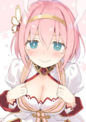 Rule 34 | 1girl, @ @, blue eyes, blush, breasts, brown hairband, cleavage, cleavage cutout, closed mouth, clothing cutout, commentary request, dress, hair between eyes, hairband, hands up, juliet sleeves, kani biimu, long sleeves, looking at viewer, medium breasts, pink hair, princess connect!, puffy sleeves, solo, steam, tears, wavy mouth, white dress, yui (princess connect!)