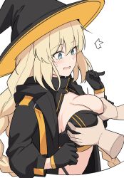 Rule 34 | 1boy, 1girl, aesc (fate), bandeau, blonde hair, braid, breasts, cleavage, fate (series), gloves, grabbing, grabbing another&#039;s breast, hat, hirame sa, large breasts, midriff, open clothes, open mouth, surprised, sweatdrop, thong, witch hat
