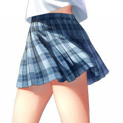 Rule 34 | 1girl, bad id, bad pixiv id, blouse, blue skirt, close-up, from side, haneru, lower body, original, plaid, plaid skirt, shirt, simple background, skirt, solo, thighs, white background, white shirt