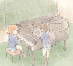 Rule 34 | 10s, 2girls, black hair, blazer, bow, hair bow, instrument, jacket, kneehighs, leaning on object, looking at another, love live!, love live! school idol project, miniskirt, multiple girls, music, natsutaro (sss stn), nishikino maki, pale color, piano, piano bench, plaid, plaid skirt, playing instrument, red bow, red hair, skirt, smile, socks, sss stn, twintails, yazawa nico