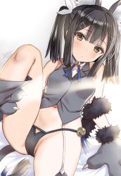 Rule 34 | 1girl, animal ear fluff, animal ears, animal hands, black hair, black panties, blush, breasts, brown eyes, cameltoe, cat ears, cat tail, closed mouth, detached collar, fate/kaleid liner prisma illya, fate (series), feather hair ornament, feathers, garter straps, gloves, grey thighhighs, hair ornament, hairclip, highres, long hair, looking at viewer, miyu edelfelt, navel, panties, paw gloves, seiru (prairie), small breasts, solo, tail, thighhighs, thighs, underwear