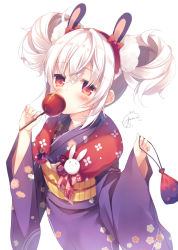 Rule 34 | 1girl, amamine, animal ears, azur lane, blue kimono, blush, bow, candy apple, commentary request, covered mouth, double bun, fingernails, floral print, food, hair between eyes, hair bow, hair bun, hair ornament, hairband, holding, holding food, japanese clothes, kimono, kinchaku, laffey (azur lane), laffey (snow rabbit and candy apple) (azur lane), long sleeves, looking at viewer, obi, pouch, print kimono, rabbit ears, red bow, red eyes, red hairband, sash, signature, silver hair, simple background, solo, white background, wide sleeves