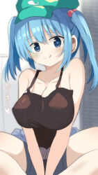 Rule 34 | 1girl, absurdres, bare shoulders, blue eyes, blue hair, blush, breasts, closed mouth, daru (kumakumadon), hair ornament, heart, heart-shaped pupils, highres, kawashiro nitori, licking, licking lips, looking at viewer, on floor, sitting, solo, symbol-shaped pupils, tank top, tongue, tongue out, touhou, translation request