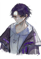 Rule 34 | 1boy, absurdres, bishounen, closed mouth, grey eyes, highres, jacket, jewelry, kenmochi touya, looking at viewer, male focus, necklace, nijisanji, purple hair, shirt, short hair, simple background, solo, tunena mi, upper body, virtual youtuber, white background, white shirt