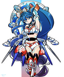 Rule 34 | 1girl, android, bikini, blue eyes, blue hair, border, commentary request, dark blue hair, dated, detached sleeves, foot out of frame, gradient background, halo, halo behind head, head chain, hexagon print, highres, jewelry, leg armor, long hair, low-braided long hair, low-tied long hair, otohime (housamo), pillarboxed, r-te (restricted te), ribbon hair, sidelocks, signature, simple background, solo, swimsuit, tokyo houkago summoners, very long hair, white border