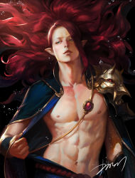 Rule 34 | 1boy, abs, air bubble, arm at side, arm guards, armor, blue eyes, bubble, cape, collarbone, floating hair, gem, highres, japanese clothes, kdash, lips, long hair, looking away, male focus, navel, nipples, onmyoji, parted lips, pauldrons, pectorals, pointy ears, pulled by self, red eyes, rope, shoulder armor, shuten douji (onmyoji), sideways glance, signature, solo, spikes, stomach, submerged, underwater, upper body