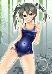 Rule 34 | 10s, 1girl, bare shoulders, blush, breasts, covered navel, gradient background, green eyes, grey hair, highres, kantai collection, long hair, looking at viewer, old school swimsuit, one-piece swimsuit, open mouth, school swimsuit, shino (lunar crescent), shiny clothes, small breasts, smile, solo, striped, striped background, swimsuit, twintails, waving, zuikaku (kancolle)