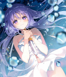 Rule 34 | 1girl, :3, bare shoulders, character request, closed mouth, commentary request, copyright request, dagger, dress, hair between eyes, holding, holding dagger, holding knife, holding weapon, knife, looking at viewer, navel, no panties, purple eyes, purple hair, smile, solo, suimya, weapon, white dress