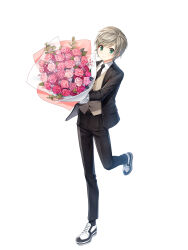 Rule 34 | 1boy, black jacket, black necktie, black pants, black socks, bouquet, brown vest, closed mouth, closers, collared shirt, flower, formal, full body, gloves, green eyes, grey hair, highres, holding, holding bouquet, jacket, leg up, looking at viewer, male focus, mistilteinn (closers), necktie, official art, oxfords, pants, pink flower, pink rose, rose, shirt, short hair, smile, socks, solo, suit, tachi-e, vest, walking, white background, white footwear, white gloves, white shirt