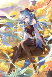 Rule 34 | 1girl, absurdres, ahoge, architecture, bare shoulders, bell, black gloves, blue hair, bow, breasts, brown pantyhose, building, chinese knot, detached sleeves, east asian architecture, flower knot, full body, ganyu (genshin impact), genshin impact, gloves, gold trim, high heels, highres, horns, in tree, ktm, long hair, looking at viewer, low ponytail, medium breasts, neck bell, outdoors, pantyhose, purple eyes, sidelocks, sitting, sitting in tree, smile, solo, tassel, thighlet, thighs, tree, very long hair, vision (genshin impact), white sleeves, wind