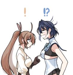 Rule 34 | !, !?, 2girls, ahoge, blue hair, blush, bow, breast poke, breasts, brooch, brown eyes, brown gloves, brown hair, clipe, commentary, fang, feather hair, flustered, gloves, hair intakes, hololive, hololive english, jewelry, large breasts, long hair, multiple girls, nanashi mumei, nanashi mumei (1st costume), open mouth, ouro kronii, ouro kronii (1st costume), poking, ponytail, short hair, skin fang, skirt, symbol-only commentary, upper body, virtual youtuber