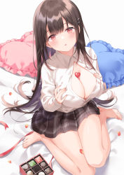 Rule 34 | 1girl, bed, between breasts, blush, breast hold, breasts, brown hair, cleavage, hair ornament, hairpin, highres, kurasawa moko, large breasts, long hair, looking at viewer, open clothes, open mouth, open shirt, original, pillow, pink eyes, sitting, skirt, solo, valentine, very long hair