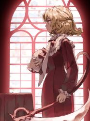 Rule 34 | 1girl, blonde hair, bow, capelet, commentary request, curly hair, dress, elly (touhou), frilled capelet, frilled sleeves, frills, hat, hat bow, highres, holding, holding clothes, holding hat, holding scythe, indoors, kaigen 1025, long sleeves, medium hair, neck ribbon, puffy sleeves, red bow, red dress, red ribbon, ribbon, scythe, standing, sun hat, touhou, touhou (pc-98), unworn hat, unworn headwear, white capelet, white hat, window, yellow eyes