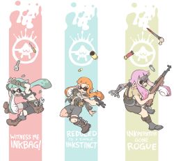 Rule 34 | 3girls, bike shorts, blood, bloody weapon, commentary, emblem, fangs, fingerless gloves, glock, gloves, green hair, gun, handgun, holding, inkling, inkling girl, inkling player character, jarv, knife, long hair, mad max, mad max: fury road, mechanical arms, multiple girls, nintendo, orange hair, pistol, pointy ears, purple hair, rifle, shell casing, shirt, single mechanical arm, sks, splatoon (series), splatoon 1, squid, t-shirt, tank top, tentacle hair, weapon, wrench