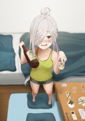 1girl, ahoge, alternate costume, asashimo (kancolle), barefoot, bed, beer can, black shorts, bottle, can, casual, commentary request, cushion, dolphin shorts, drunk, foreshortening, full body, green tank top, grey eyes, jewelry, kantai collection, long hair, looking at viewer, pillow, ring, saga (saga kancolle), sake bottle, shorts, silver hair, solo, standing, table, tank top, wedding band, zabuton