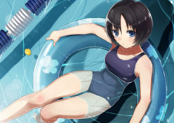 Rule 34 | 1girl, bare shoulders, black hair, blue eyes, blue one-piece swimsuit, blush, breasts, casual one-piece swimsuit, collarbone, floating, from above, hareno chiame, innertube, lane line, large breasts, looking at viewer, looking up, one-piece swimsuit, open mouth, original, partially submerged, pool, reclining, rubber duck, short hair, solo, swim ring, swimsuit, water