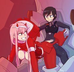 Rule 34 | 10s, 1girl, bent over, bodysuit, bound, bound arms, bound legs, bound wrists, breasts, breasts out, clothed sex, commission, darling in the franxx, doggystyle, hanging breasts, happy sex, hetero, highres, hiro (darling in the franxx), horns, mecha, nipples, pilot suit, pink hair, red bodysuit, restrained, robot, sex, sex from behind, smile, stomach bulge, sweatdrop, tenk, torn bodysuit, torn clothes, zero two (darling in the franxx)