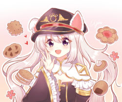 Rule 34 | 1girl, :d, animal ears, arch bishop (ragnarok online), black dress, black hat, blush, dress, fang, food, frilled sleeves, frills, hair between eyes, hand up, hat, heart, high priest (ragnarok online), highres, light (luxiao deng), long hair, long sleeves, looking at viewer, open mouth, peaked cap, purple eyes, ragnarok online, senbei, signature, silver hair, sleeves past wrists, smile, solo, upper body, very long hair, wide sleeves