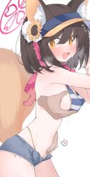 Rule 34 | 1girl, 1other, animal ears, bikini, black hair, blue archive, blush, breasts, cowboy shot, disembodied limb, fox ears, fox girl, fox tail, grabbing, grabbing another&#039;s breast, grabbing from behind, grey shorts, hair between eyes, halo, heart, highres, izuna (blue archive), izuna (swimsuit) (blue archive), looking at viewer, medium breasts, mikozin, navel, official alternate costume, pink halo, short hair, short shorts, shorts, simple background, solo focus, spoken heart, striped bikini, striped clothes, swimsuit, tail, white background, yellow eyes