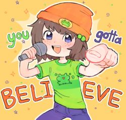 Rule 34 | 1girl, absurdres, beanie, bessiebee, blue eyes, blue pants, brown hair, child, cosplay, diamond (shape), english text, freckles, frog, green hair ornament, green shirt, hat, highres, indie virtual youtuber, lily hopkins, looking at viewer, microphone, open mouth, orange background, orange headwear, pants, parappa, parappa (cosplay), parappa the rapper, pointing, pointing at viewer, shirt, simple background, spiral, star (symbol), striped clothes, striped shirt, t-shirt, tagme, teeth, tongue, upper teeth only