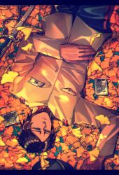 Rule 34 | 1boy, araiguma (gomipanda123), arm up, autumn, autumn leaves, black pants, brown jacket, buttons, chromatic aberration, collar, collared jacket, commentary request, dark-skinned male, dark skin, eyebrows, from above, golden kamuy, unworn headwear, highres, jacket, koito otonoshin, leaf, long sleeves, looking away, lying, male focus, military, military uniform, on back, pants, parted bangs, photo (object), pocket, sword, uniform, upper body, weapon, yellow eyes
