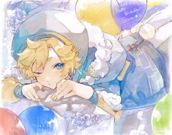 Rule 34 | 1boy, 2023, balloon, blonde hair, blue eyes, blue jacket, blue nails, commentary request, daifugo happy, dated, ensemble stars!, flower, fur-trimmed jacket, fur trim, harukawa sora, highres, hood, hood down, jacket, looking at viewer, male focus, multicolored nails, one eye closed, red nails, rose, solo, white flower, white rose, yellow nails
