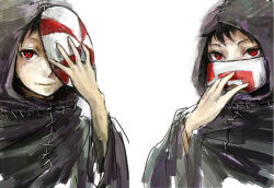 Rule 34 | 2boys, bin brothers (tokyo ghoul), black hair, brothers, cloak, half mask, hand up, holding, holding mask, hood, hood up, hooded cloak, long sleeves, mask, unworn mask, mouth mask, multiple boys, one eye covered, red eyes, short hair, siblings, simple background, sketch, straw like, tokyo ghoul, white background