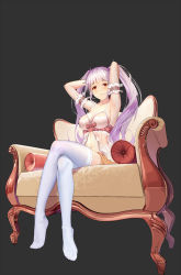 Rule 34 | 1girl, arm garter, armpits, arms up, bow, breasts, cleavage, couch, crossed legs, cushion, embarrassed, full body, highres, legs, lingerie, long hair, looking at viewer, multicolored hair, navel, no bra, original, purple hair, red eyes, see-through, simple background, sitting, siunaus, skirt, solo, thighhighs, twintails, two-tone hair, underwear, white hair, white thighhighs, zettai ryouiki