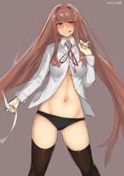 Rule 34 | 1girl, :q, black panties, black thighhighs, blunt bangs, blush, breasts, brown hair, cameltoe, closed mouth, collared shirt, commentary, cowboy shot, doki doki literature club, green eyes, grey background, hair down, hair intakes, highres, legs apart, long hair, long sleeves, looking at viewer, medium breasts, monika (doki doki literature club), navel, neck ribbon, no bra, otxoa60, panties, red ribbon, ribbon, shirt, signature, simple background, solo, standing, thighhighs, tongue, tongue out, unbuttoned, underwear, very long hair, white shirt, wing collar