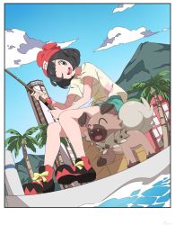 Rule 34 | 1girl, anime coloring, beanie, black eyes, black hair, blue sky, cloud, crate, creatures (company), day, fishing rod, game freak, gen 7 pokemon, green shorts, hari611, hat, highres, mountain, nintendo, one eye closed, open mouth, outdoors, palm tree, pokemon, pokemon (creature), pokemon sm, red hat, rockruff, selene (pokemon), shirt, short hair, short sleeves, shorts, sitting, sky, tied shirt, tree, water