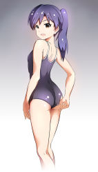 Rule 34 | 1girl, adjusting clothes, adjusting swimsuit, ass, bad id, bad pixiv id, blue hair, blue one-piece swimsuit, brown eyes, competition school swimsuit, cowboy shot, from behind, gradient background, grey background, idolmaster, idolmaster (classic), kisaragi chihaya, long hair, looking back, ns.x, one-piece swimsuit, open mouth, ponytail, school swimsuit, solo, swimsuit