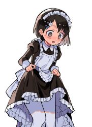 1girl @_@ ai_nige alternate_costume apron black_dress black_hair blush clothes_lift commentary_request dress dress_lift enmaided feet_out_of_frame frilled_apron frills hair_ornament idolmaster idolmaster_cinderella_girls juliet_sleeves lifting_own_clothes long_sleeves maid maid_apron maid_headdress nervous_smile nervous_sweating pantyhose puffy_sleeves rabbit_hair_ornament sasaki_chie short_hair simple_background smile solo sweat white_apron white_background white_pantyhose