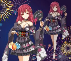 Rule 34 | 1girl, adapted costume, balloon, bare shoulders, barefoot, black bra, blush, bra, breasts, chain, cleavage, collar, cuffs, hand fan, fireworks, grin, head tilt, hecatia lapislazuli, japanese clothes, kimono, kimono skirt, legs together, long hair, looking at viewer, medium breasts, ohta yuichi, paper fan, red eyes, red hair, shackles, smile, solo, touhou, underwear, water balloon, yukata, zoom layer
