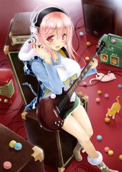 Rule 34 | 1girl, adjusting hair, amplifier, blush, boombox, boots, breasts, cable, cat, food, fur trim, guitar, headphones, highres, hood, hoodie, instrument, large breasts, macaron, nitroplus, okitakung, open mouth, pink hair, red eyes, shirt, shorts, sitting, solo, super sonico, taut clothes, taut shirt, wire