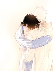 Rule 34 | 2boys, black hair, blue jacket, cheng xiaoshi, chinese commentary, commentary request, crying, fingernails, from behind, head on another&#039;s shoulder, highres, hug, jacket, long hair, long sleeves, low ponytail, lu guang, male focus, messy hair, multiple boys, open clothes, open jacket, shiguang dailiren, shirt, short hair, short ponytail, simple background, upper body, white background, white hair, white shirt, yinertang