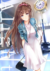 Rule 34 | 1girl, arms behind back, bag, blue eyes, blue jacket, brown hair, clock, cover, cover page, cropped, dress, hair ornament, hair scrunchie, handbag, jacket, jewelry, long hair, looking at viewer, necklace, novel cover, official art, scrunchie, smile, standing, very long hair, white dress