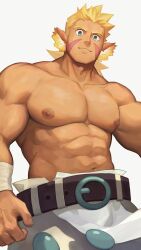 Rule 34 | 1boy, abs, absurdres, animal ears, bandaged arm, bandages, bara, blonde hair, breath of fire, breath of fire iv, cowboy shot, cray (breath of fire), dark-skinned male, dark skin, gundan, highres, large areolae, large belt, large hands, large pectorals, leather belt, looking at viewer, male focus, muscular, muscular male, navel, nipples, pectorals, short hair, solo, stomach, thick eyebrows, tiger boy, tiger ears, tiger stripes, topless male, veins, veiny hands
