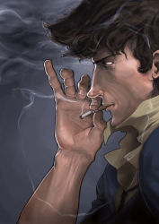Rule 34 | 1990s (style), 1boy, brown eyes, brown hair, cigarette, cowboy bebop, formal, male focus, necktie, pinky out, profile, realistic, shirt, smoke, smoking, solo, spike spiegel, suit, tom waterhouse, traditional media, yellow shirt