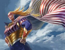 Rule 34 | 1girl, american flag, american flag print, blonde hair, bodysuit, boku no hero academia, breasts, cape, cathleen bate, fingernails, flag print, highres, large breasts, long hair, muscular, muscular female, open mouth, orange eyes, smile, solo, star and stripe, star and stripe (boku no hero academia), striped bodysuit, striped cape, thick thighs, thighs