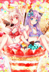 Rule 34 | 2girls, animal ears, bikini, blonde hair, blue eyes, bow, breasts, candy, cat ears, cat tail, cleavage, collarbone, food, frilled bikini, frills, fruit, hair bow, hair ornament, highres, ice cream, in food, konpeitou, locked arms, long hair, looking at viewer, medium breasts, mini person, minigirl, miyoshi (m178), multiple girls, navel, open mouth, original, parfait, pocky, polka dot, polka dot bikini, polka dot swimsuit, purple bikini, purple hair, rabbit ears, rabbit tail, red bikini, red eyes, short hair, sitting, smile, star (symbol), strawberry, sundae, swimsuit, tail, very long hair, wafer stick, waffle, whipped cream