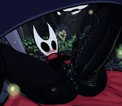 Rule 34 | 1boy, 1girl, anus, black cape, black skin, blush, boxman, cape, colored skin, highres, hollow knight, hornet (hollow knight), imminent penetration, imminent vaginal, knight (hollow knight), large penis, lying, penis, pussy, red cape, size difference, sweat, veins, veiny penis