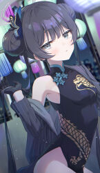 Rule 34 | 1girl, absurdres, black dress, black gloves, black hair, blue archive, blush, butterfly hair ornament, china dress, chinese clothes, coat, double bun, dragon print, dress, gloves, grey coat, grey eyes, hair bun, hair ornament, highres, kisaki (blue archive), long hair, long sleeves, momomoi momoi, open clothes, open coat, parted lips, sleeveless, sleeveless dress, solo, striped coat, twintails, vertical-striped coat
