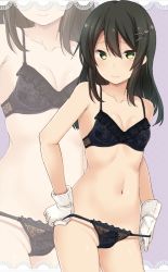 Rule 34 | 10s, 1girl, black bra, black hair, black panties, bra, breasts, collarbone, gloves, grey background, hair between eyes, hair ornament, hairclip, kantai collection, lingerie, long hair, looking at viewer, nagami yuu, navel, oyashio (kancolle), panties, panty pull, small breasts, smile, solo, underwear, underwear only, white gloves, yellow eyes, zoom layer