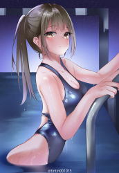 Rule 34 | 1girl, absurdres, black one-piece swimsuit, breasts, brown eyes, brown hair, chinese commentary, chouchou (austin), cleavage, commentary request, competition swimsuit, cowboy shot, highres, long hair, looking at viewer, one-piece swimsuit, original, partially submerged, ponytail, pool ladder, solo, swimsuit, water, wet, wet hair