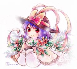 Rule 34 | 1girl, artist name, berry, blue hair, blush, brown mittens, dated, hands on own chest, hat, hat ribbon, holding, holding plant, itozaki (itzk0110), leaf, leaf background, long sleeves, looking at viewer, mittens, nagae iku, pink shawl, plant, red eyes, ribbon, scarf, shawl, short hair, smile, snowing, solo, sweater, swept bangs, touhou, twig, upper body, white scarf, white sweater