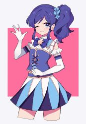 Rule 34 | 1girl, aikatsu! (series), blue bow, blue corset, blue eyes, blue skirt, bow, bowtie, closed mouth, commentary, corset, cowboy shot, detached sleeves, hair ornament, hair scrunchie, hand up, highres, holding, holding microphone, kiriya aoi, long hair, looking at viewer, microphone, one eye closed, pink background, pleated skirt, purple hair, scrunchie, shirt, side ponytail, skirt, sleeveless, sleeveless shirt, smile, solo, star (symbol), sunrise (company), two-tone background, uhouhogorigori, waving, white background, white sleeves